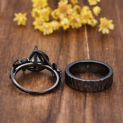 Emerald Kite Cut Couples Ring Set: Black Silver Wedding Bands