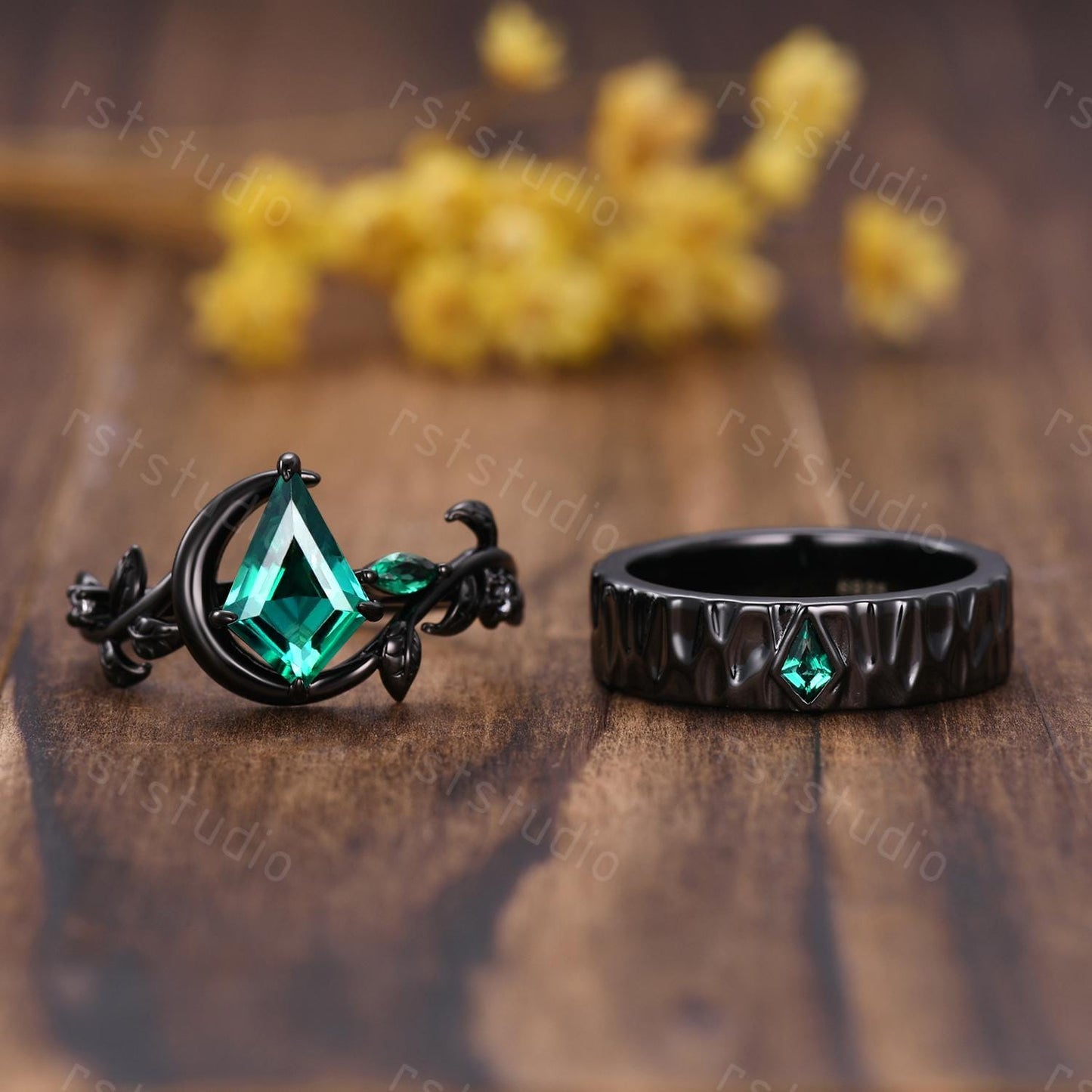 Emerald Kite Cut Couples Ring Set: Black Silver Wedding Bands