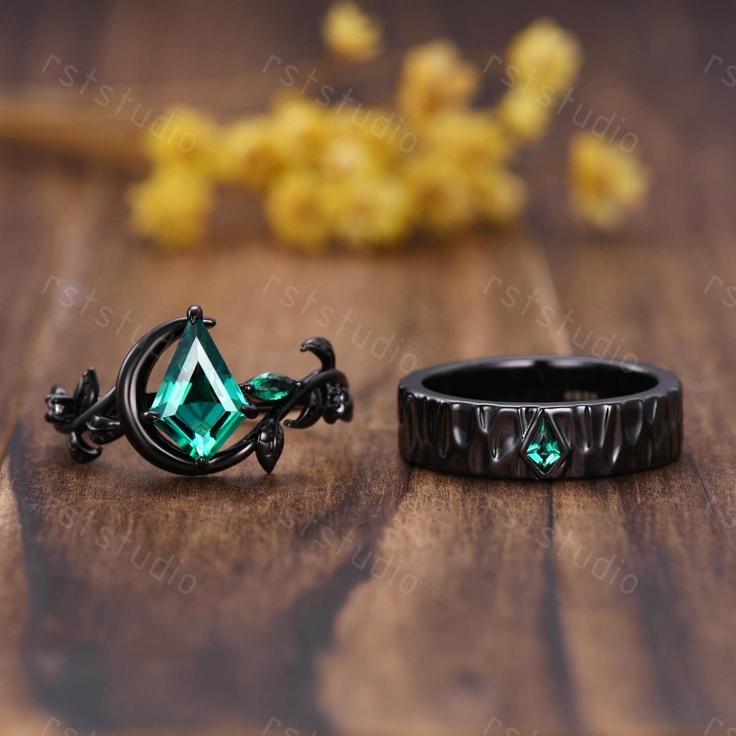 Emerald Kite Cut Couples Ring Set: Black Silver Wedding Bands