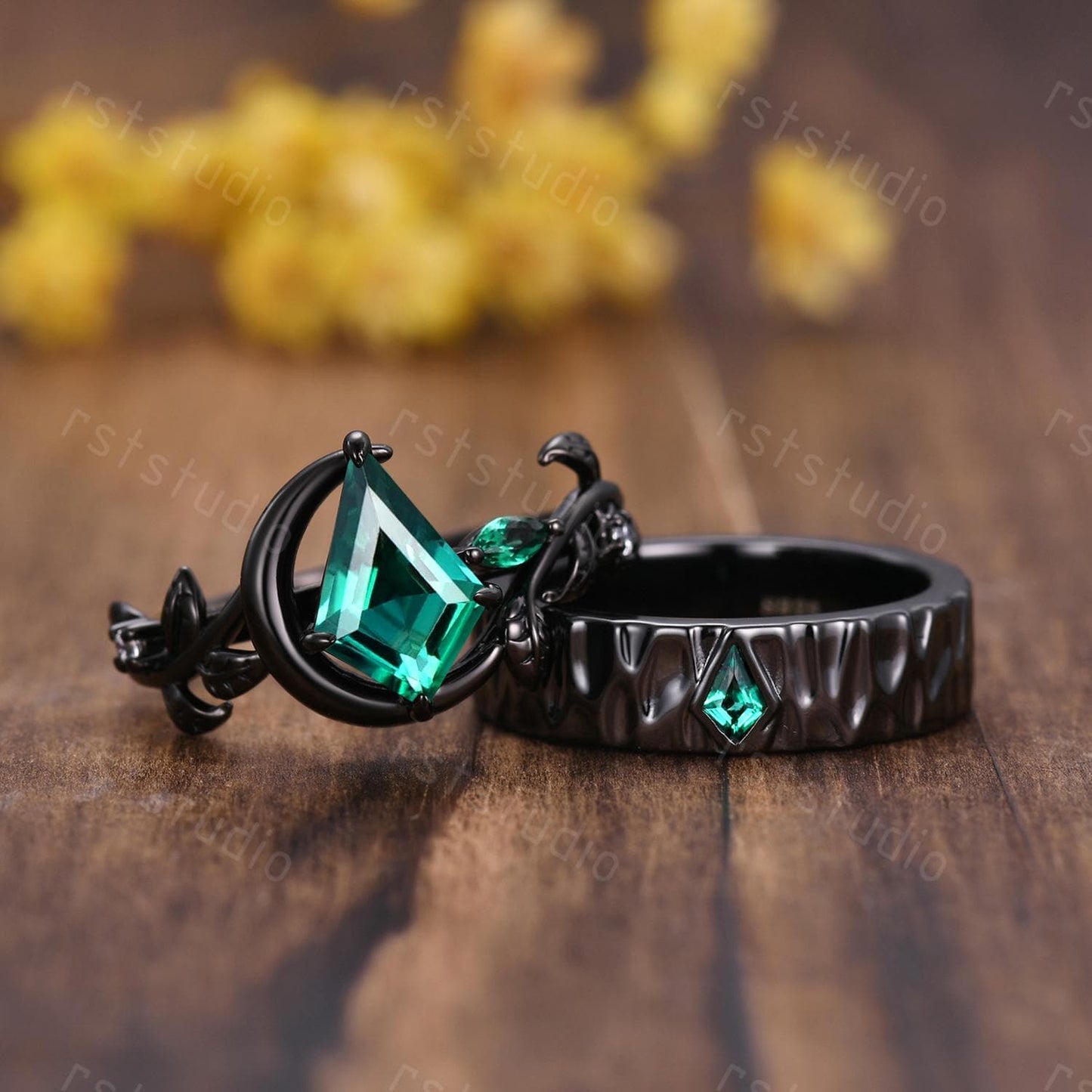 Emerald Kite Cut Couples Ring Set: Black Silver Wedding Bands