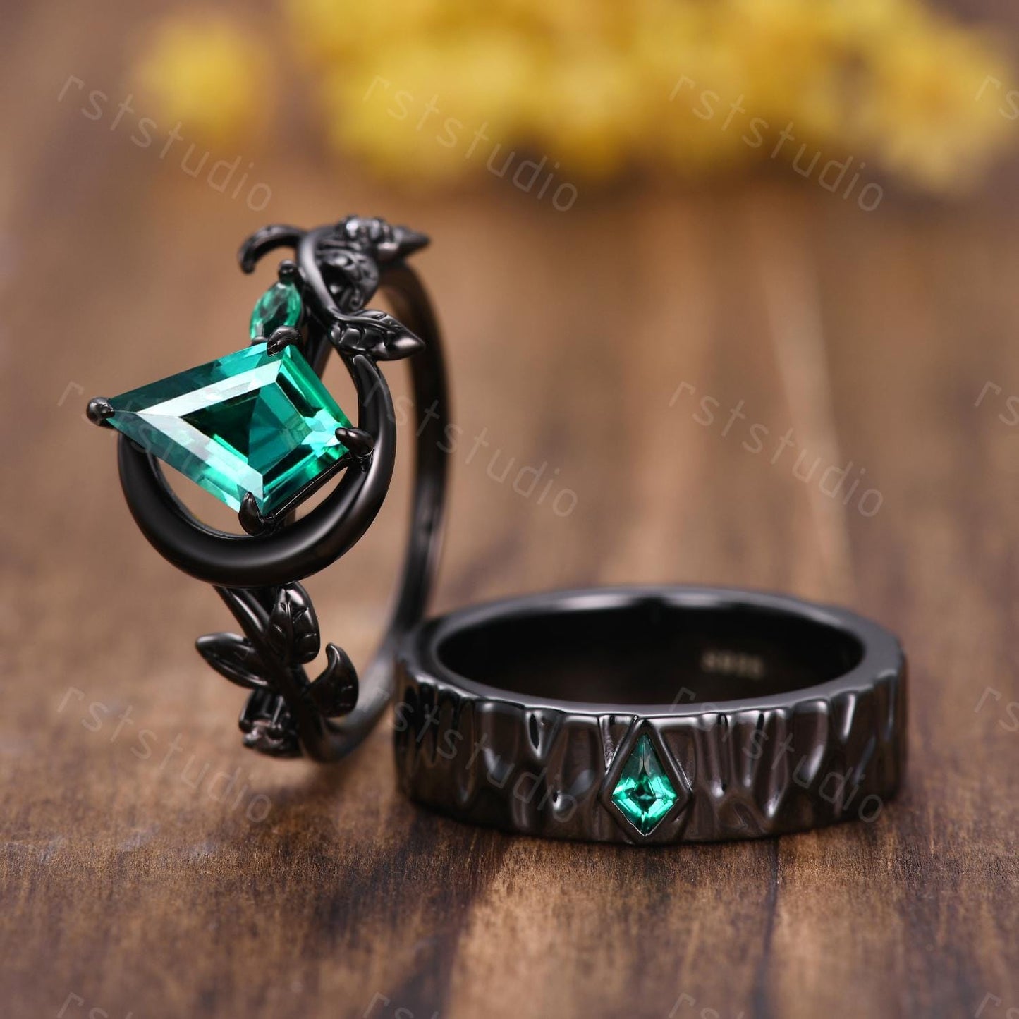 Emerald Kite Cut Couples Ring Set: Black Silver Wedding Bands