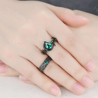 Emerald Kite Cut Couples Ring Set: Black Silver Wedding Bands