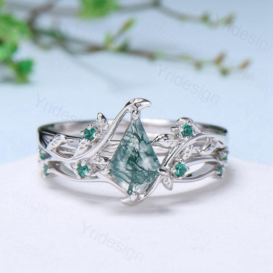 Vintage kite cut moss agate engagement ring set Nature Inspired green agate leaf vine ring cluster emerald eye bridal wedding set for women - PENFINE