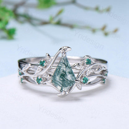 Vintage kite cut moss agate engagement ring set Nature Inspired green agate leaf vine ring cluster emerald eye bridal wedding set for women - PENFINE