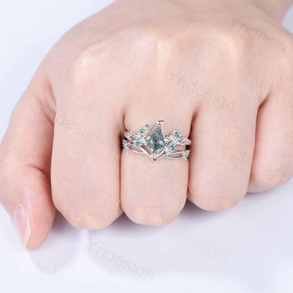 Vintage kite cut moss agate engagement ring set Nature Inspired green agate leaf vine ring cluster emerald eye bridal wedding set for women - PENFINE