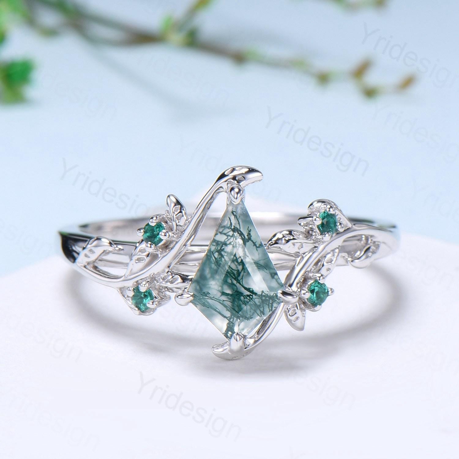 Vintage kite cut moss agate engagement ring set Nature Inspired green agate leaf vine ring cluster emerald eye bridal wedding set for women - PENFINE