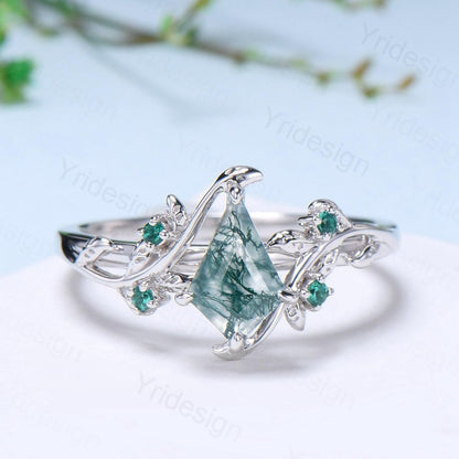 Vintage kite cut moss agate engagement ring set Nature Inspired green agate leaf vine ring cluster emerald eye bridal wedding set for women - PENFINE