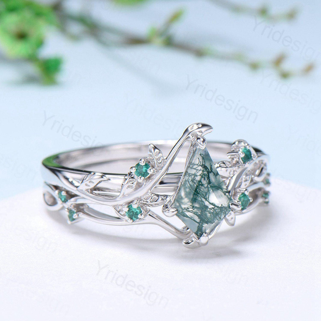 Vintage kite cut moss agate engagement ring set Nature Inspired green agate leaf vine ring cluster emerald eye bridal wedding set for women - PENFINE