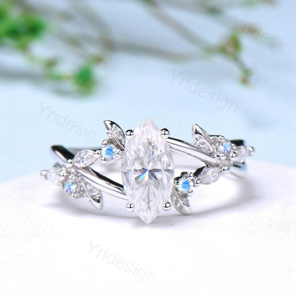 Natural Inspired Marquise Moissanite Ring Unique Leaves Branch Moissanite Engagement Ring Cluster Moonstone Split Shank Twig Wedding Ring - PENFINE