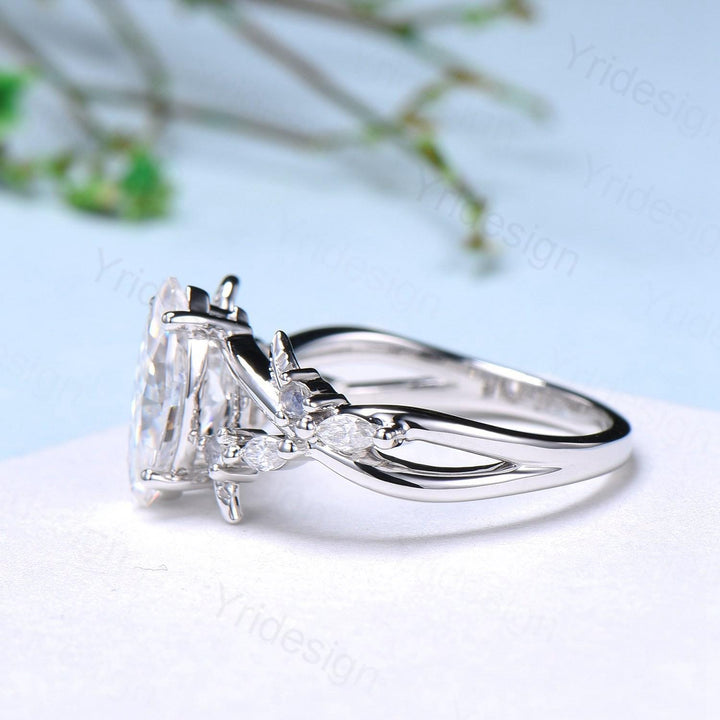 Natural Inspired Marquise Moissanite Ring Unique Leaves Branch Moissanite Engagement Ring Cluster Moonstone Split Shank Twig Wedding Ring - PENFINE