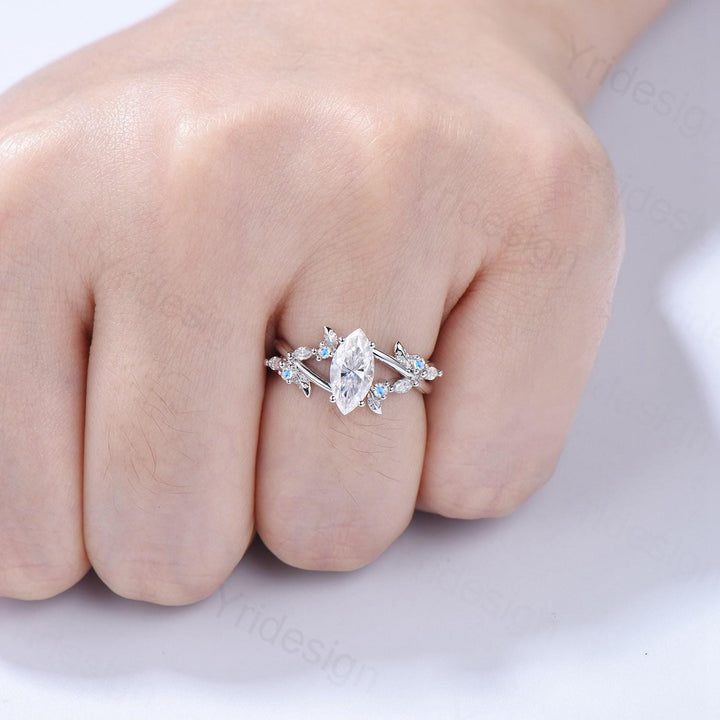 Natural Inspired Marquise Moissanite Ring Unique Leaves Branch Moissanite Engagement Ring Cluster Moonstone Split Shank Twig Wedding Ring - PENFINE