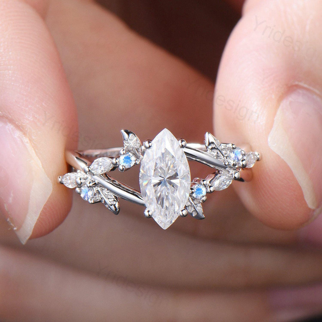 Natural Inspired Marquise Moissanite Ring Unique Leaves Branch Moissanite Engagement Ring Cluster Moonstone Split Shank Twig Wedding Ring - PENFINE