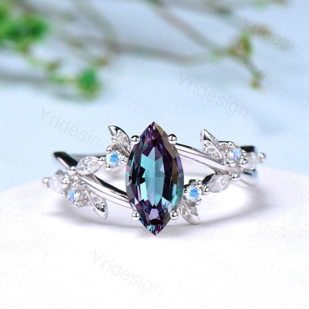 Natural Inspired Marquise Alexandrite Engagement Ring Unique Leaves Branch Color Change Ring Cluster Moonstone Split Shank Twig Wedding Ring - PENFINE