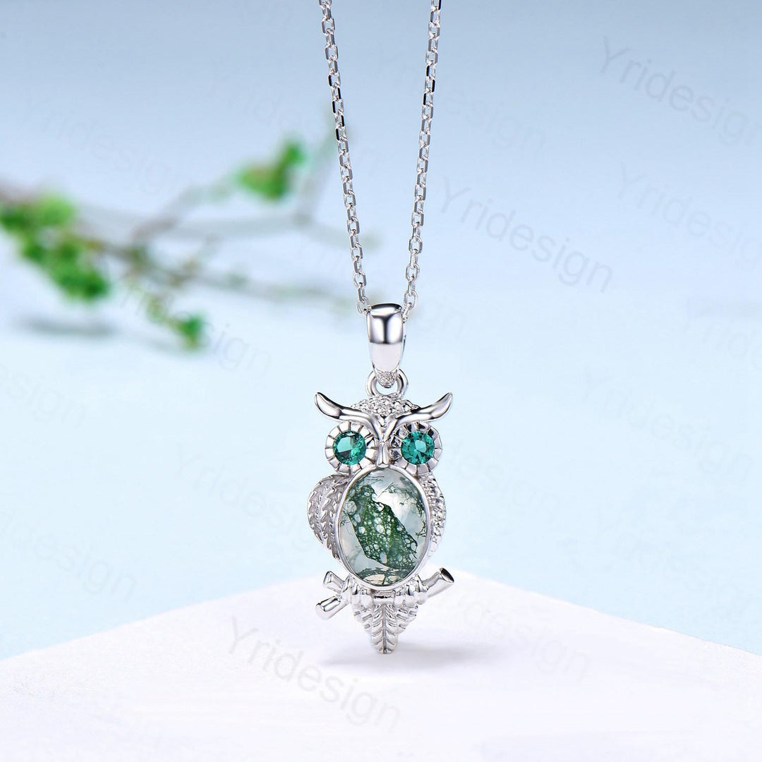 Unique Owl Moss Agate Necklace Personalized Pendant Necklace Silver 18k White Gold Emerald Pendant Night Owl Animal Inspired Promise Gift - PENFINE