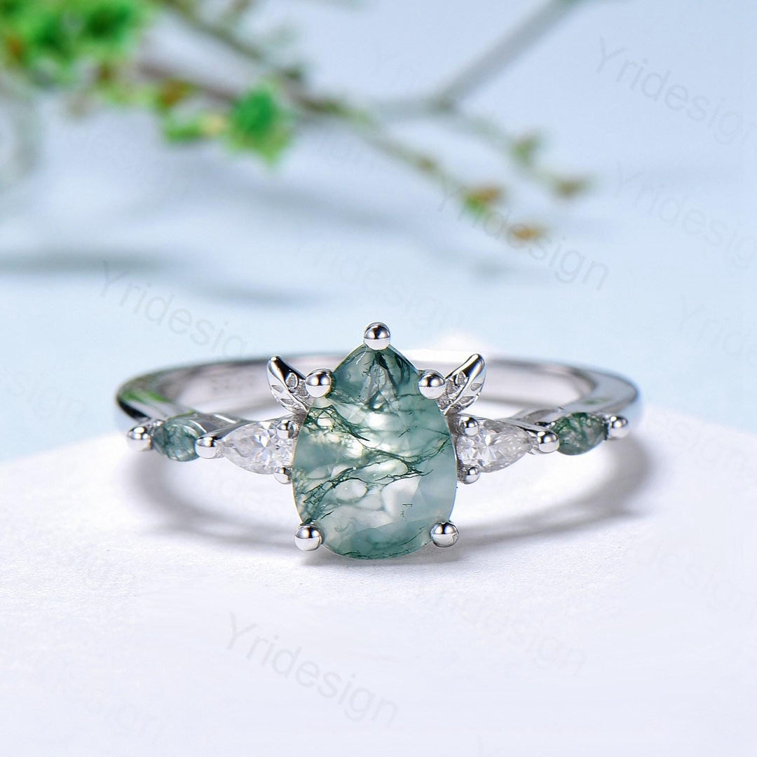 Unique Pear Shaped Natural Green Moss Agate Engagement Ring Set Devil Five Stone Nature Inspired Agate Leaf Flower Bridal Ring Set for Women - PENFINE