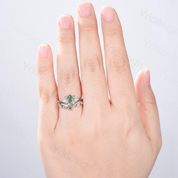 Unique Pear Shaped Natural Green Moss Agate Engagement Ring Set Devil Five Stone Nature Inspired Agate Leaf Flower Bridal Ring Set for Women - PENFINE