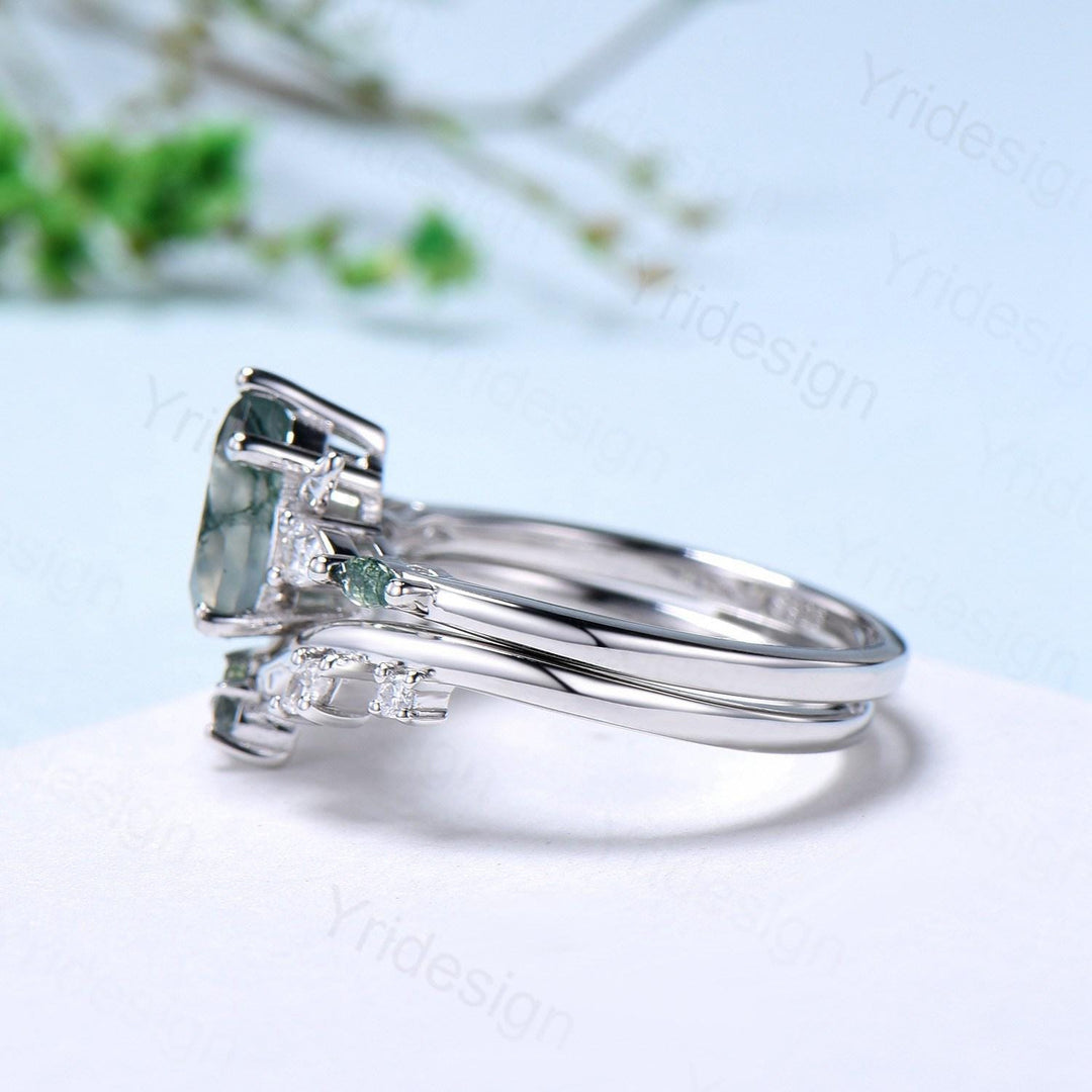 Unique Pear Shaped Natural Green Moss Agate Engagement Ring Set Devil Five Stone Nature Inspired Agate Leaf Flower Bridal Ring Set for Women - PENFINE