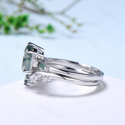 Unique Pear Shaped Natural Green Moss Agate Engagement Ring Set Devil Five Stone Nature Inspired Agate Leaf Flower Bridal Ring Set for Women - PENFINE