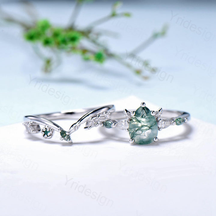 Unique Pear Shaped Natural Green Moss Agate Engagement Ring Set Devil Five Stone Nature Inspired Agate Leaf Flower Bridal Ring Set for Women - PENFINE