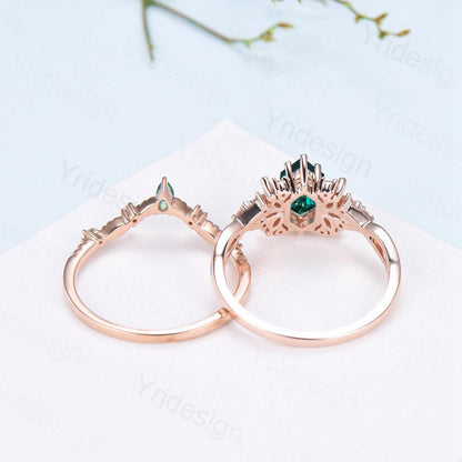 Vintage long hexagon emerald wedding ring set rose gold vintage emerald split shank engagement ring rose gold infinity bridal set for women - PENFINE