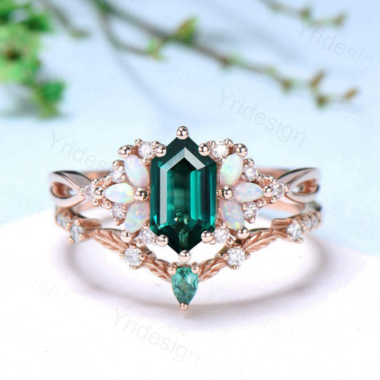 Vintage long hexagon emerald wedding ring set rose gold vintage emerald split shank engagement ring rose gold infinity bridal set for women - PENFINE