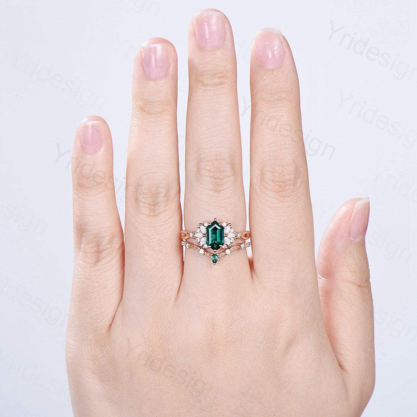 Vintage long hexagon emerald wedding ring set rose gold vintage emerald split shank engagement ring rose gold infinity bridal set for women - PENFINE