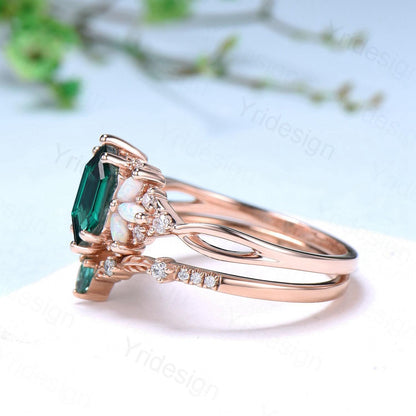 Vintage long hexagon emerald wedding ring set rose gold vintage emerald split shank engagement ring rose gold infinity bridal set for women - PENFINE