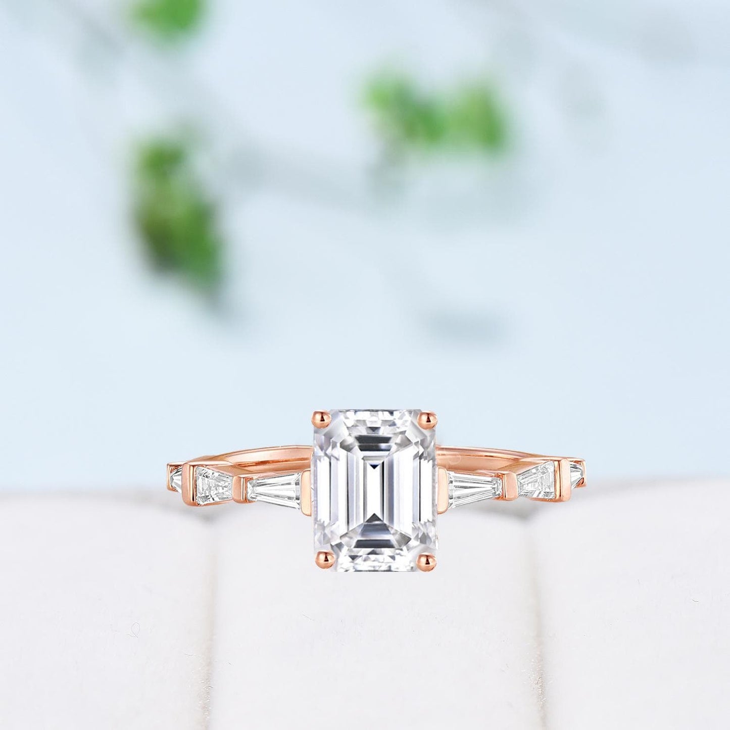 Asscher Cut Brilliant Moissanite ring Baguette Moissanite Engagement Ring 14K Rose Gold Vintage Wedding Ring Unique Anniversary Promise Ring - PENFINE