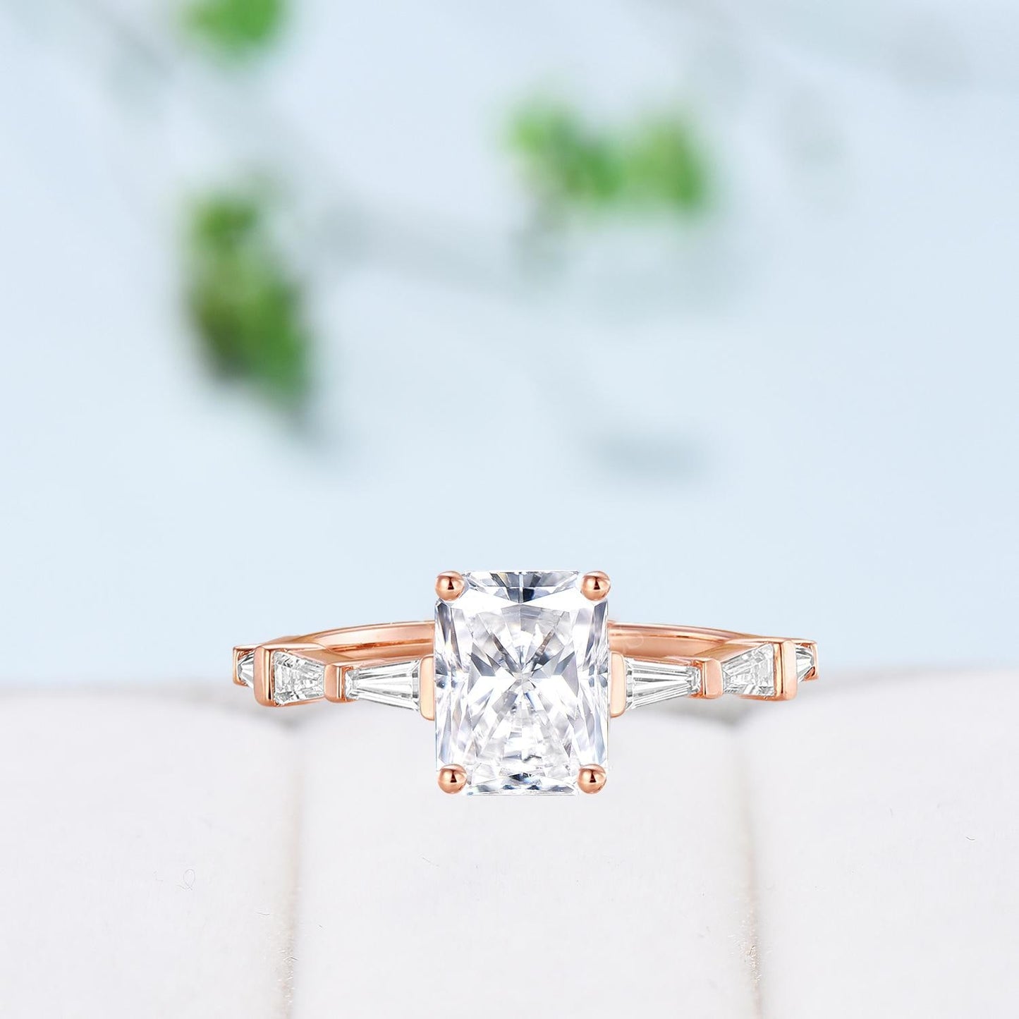 Asscher Cut Brilliant Moissanite ring Baguette Moissanite Engagement Ring 14K Rose Gold Vintage Wedding Ring Unique Anniversary Promise Ring - PENFINE