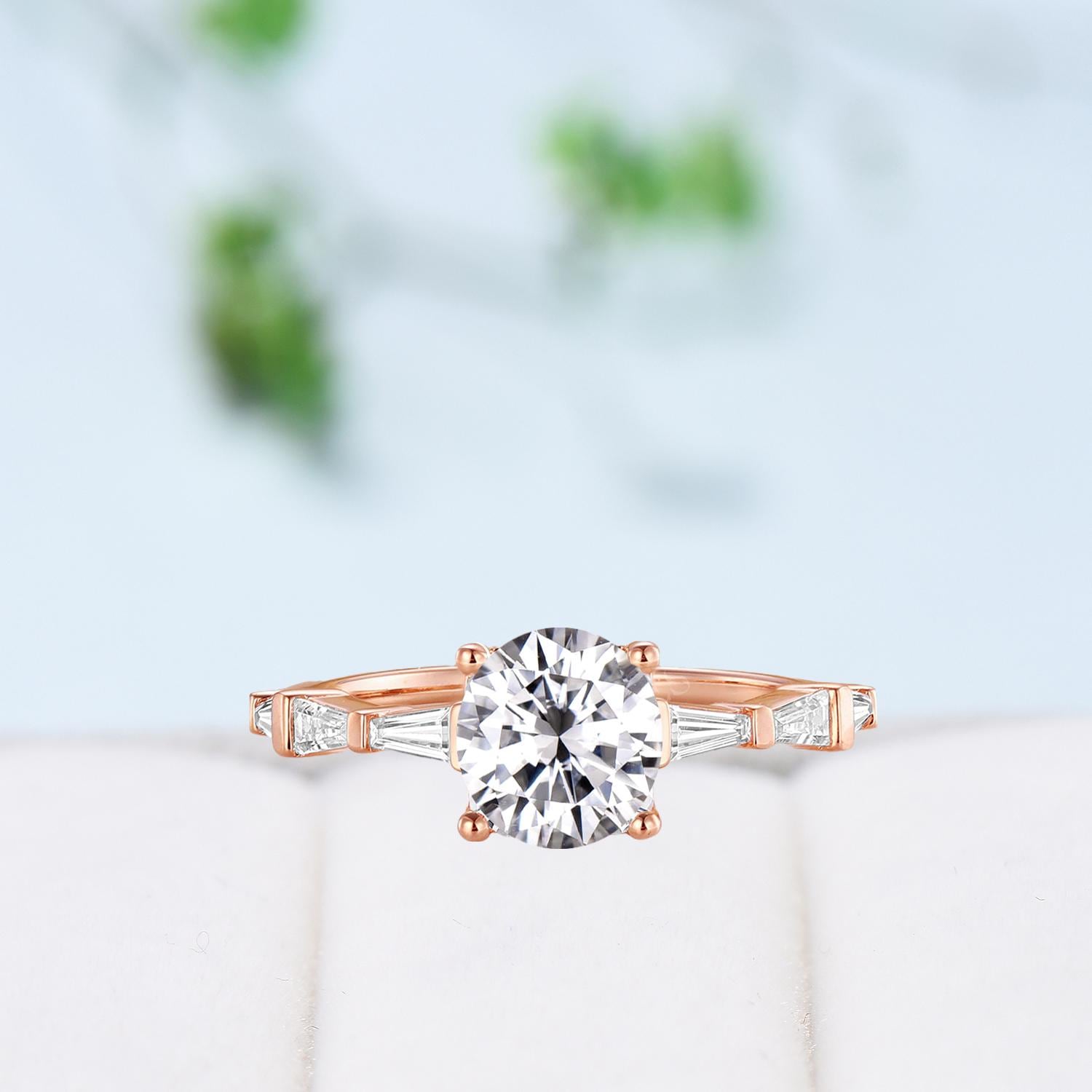 Asscher Cut Brilliant Moissanite ring Baguette Moissanite Engagement Ring 14K Rose Gold Vintage Wedding Ring Unique Anniversary Promise Ring - PENFINE