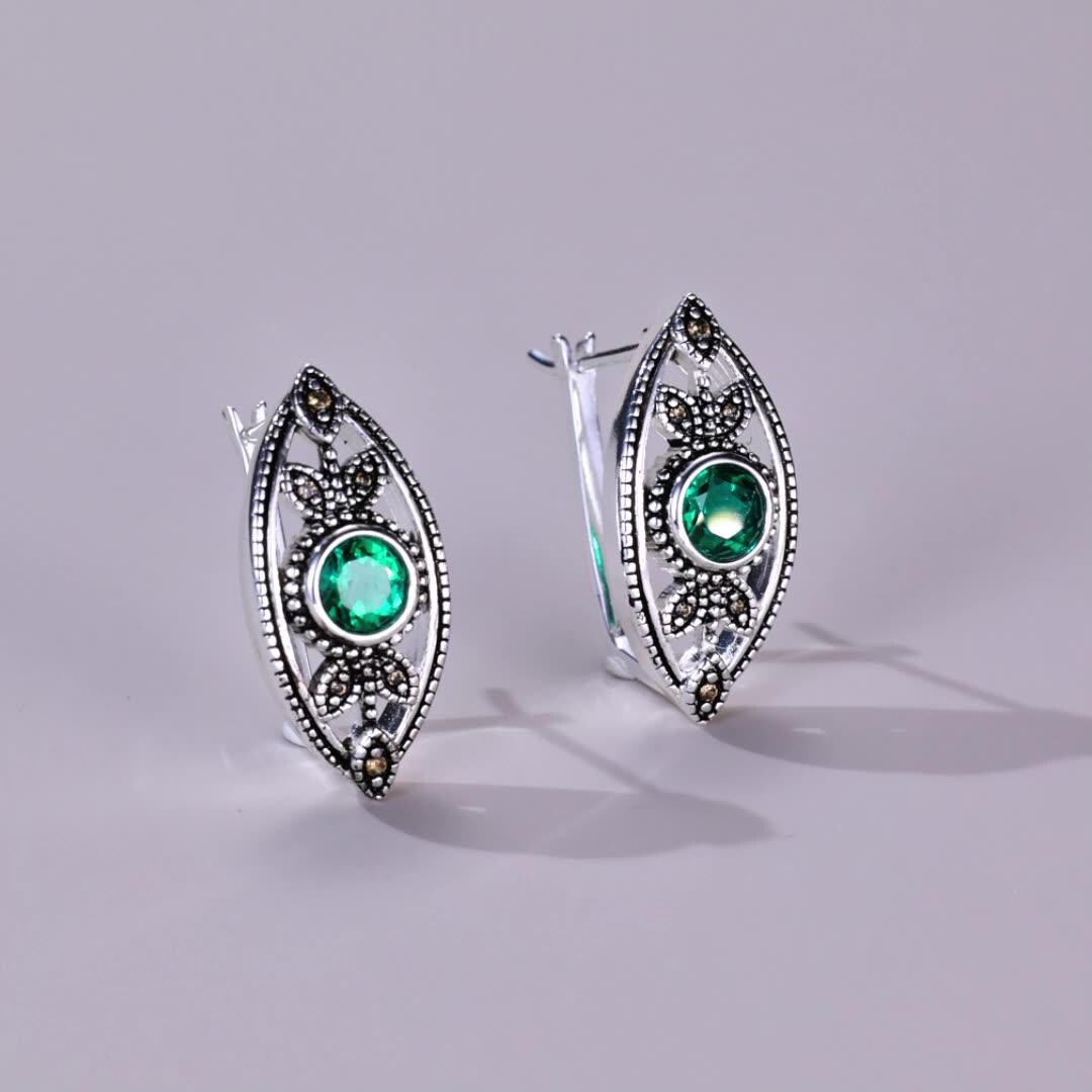 Unique Evil Eye Wedding Set vintage marquise shaped pendant necklace silver white gold art deco green emerald stud earrings anniversary gift - PENFINE