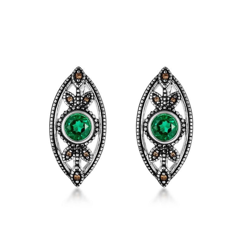 Unique Evil Eye Wedding Set vintage marquise shaped pendant necklace silver white gold art deco green emerald stud earrings anniversary gift - PENFINE