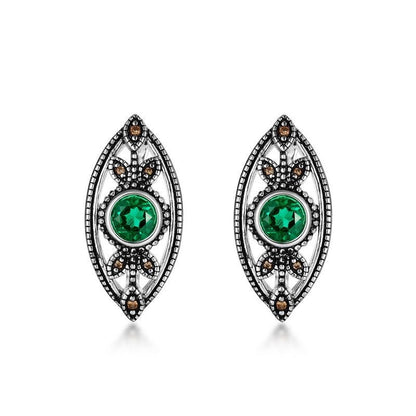 Unique Evil Eye Wedding Set vintage marquise shaped pendant necklace silver white gold art deco green emerald stud earrings anniversary gift - PENFINE