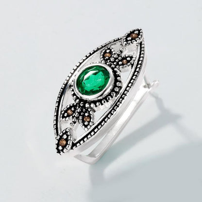 Unique Evil Eye Wedding Set vintage marquise shaped pendant necklace silver white gold art deco green emerald stud earrings anniversary gift - PENFINE