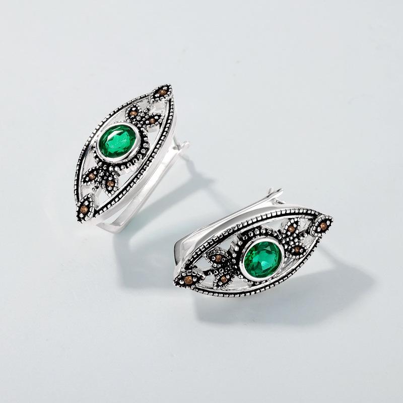 Unique Evil Eye Wedding Set vintage marquise shaped pendant necklace silver white gold art deco green emerald stud earrings anniversary gift - PENFINE