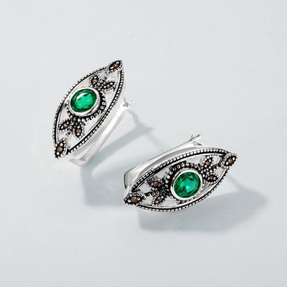 Unique Evil Eye Wedding Set vintage marquise shaped pendant necklace silver white gold art deco green emerald stud earrings anniversary gift - PENFINE