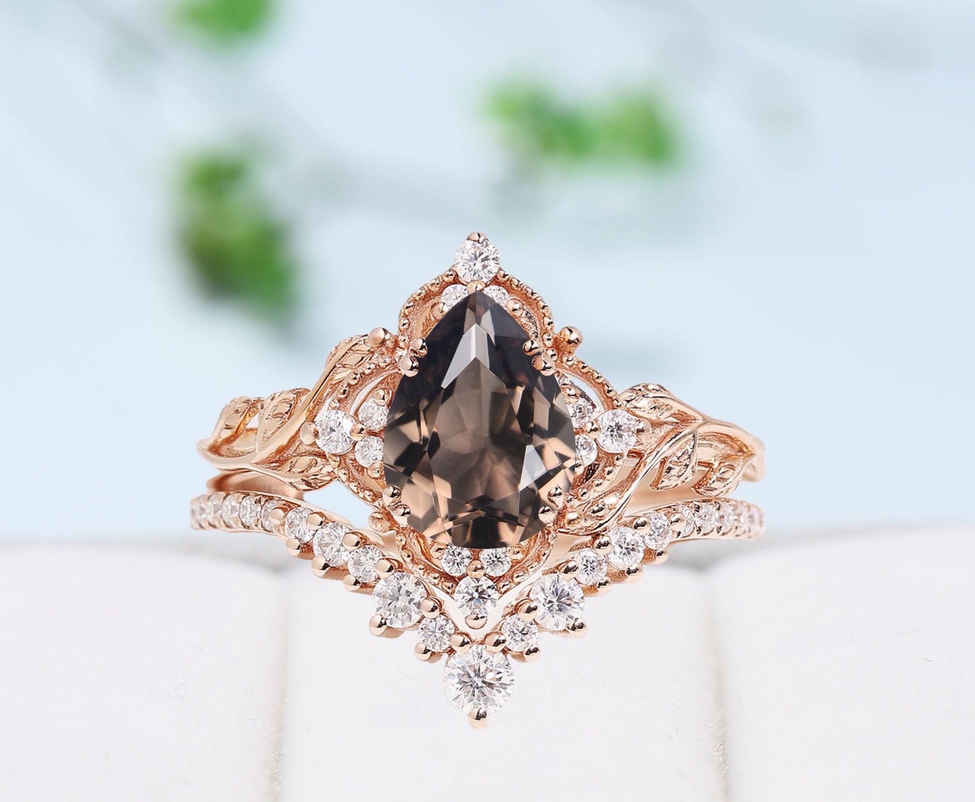 Natural inspired smoky quartz engagement ring set art deco cluster moissanite bridal wedding ring set Unique anniversary promise ring gift - PENFINE