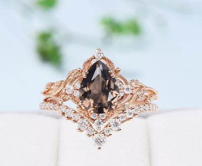 Natural inspired smoky quartz engagement ring set art deco cluster moissanite bridal wedding ring set Unique anniversary promise ring gift - PENFINE