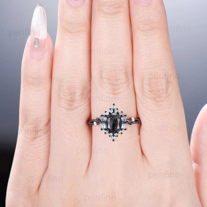 Unique Oval Salt And Pepper Diamond Ring Black Gold Vintage Luxury Pepper Diamond Engagement Ring Twig Vine Promise Ring Anniversary Gift - PENFINE