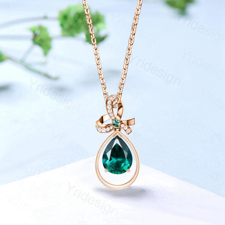 Unique Celtic Knot Pear Emerald Wedding Necklace Sterling Silver Rose Gold Mother's Pendant Floral Inspired Anniversary Gift for Daughter - PENFINE