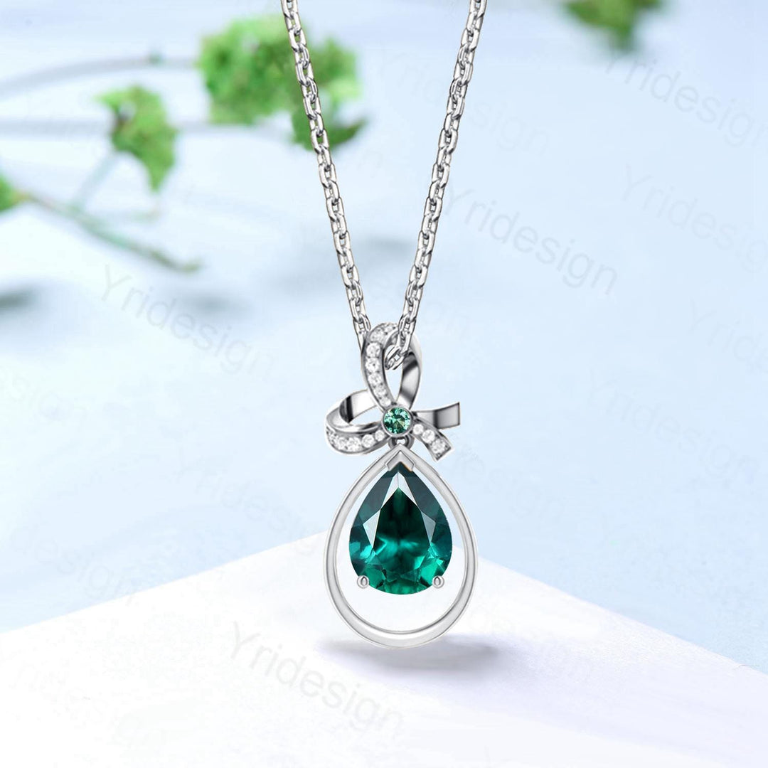 Unique Celtic Knot Pear Emerald Wedding Necklace Sterling Silver Rose Gold Mother's Pendant Floral Inspired Anniversary Gift for Daughter - PENFINE