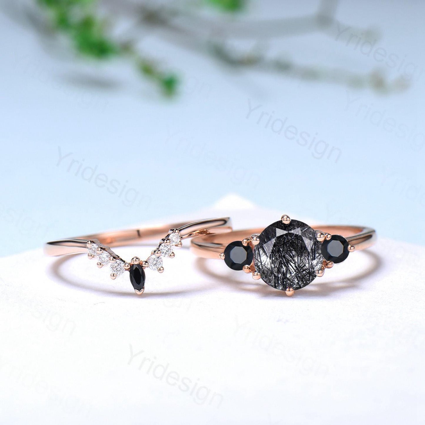 Vintage black rutilated quartz engagement ring set Three stone black spinel wedding ring set for women Quartz crystal bridal birthday gift - PENFINE