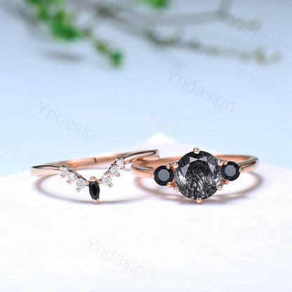Vintage black rutilated quartz engagement ring set Three stone black spinel wedding ring set for women Quartz crystal bridal birthday gift - PENFINE