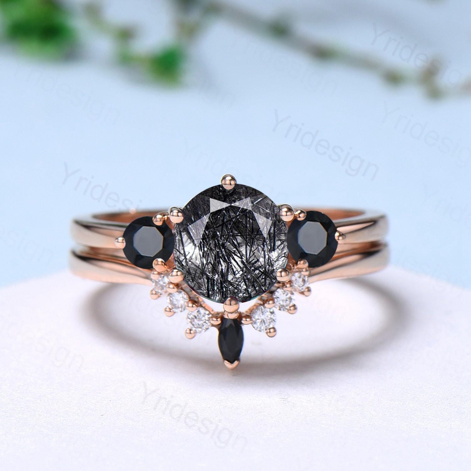 Unique Black Rutile Quartz Engagement Ring,Black Rutilated Quartz Promise Ring,Black Diamond Three Stone Ring,Promise Gift for Her shops