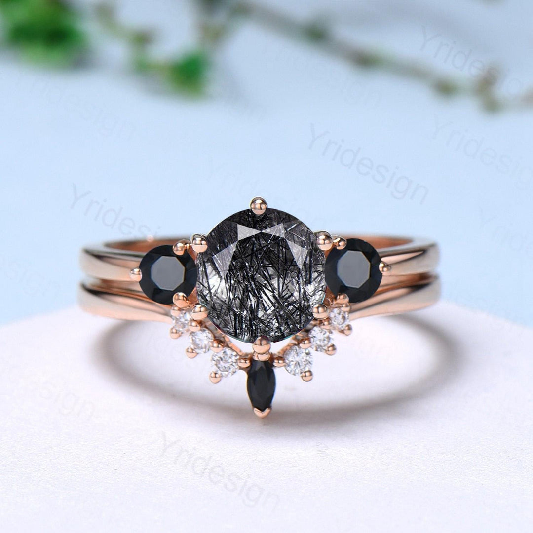 Vintage black rutilated quartz engagement ring set Three stone black spinel wedding ring set for women Quartz crystal bridal birthday gift - PENFINE