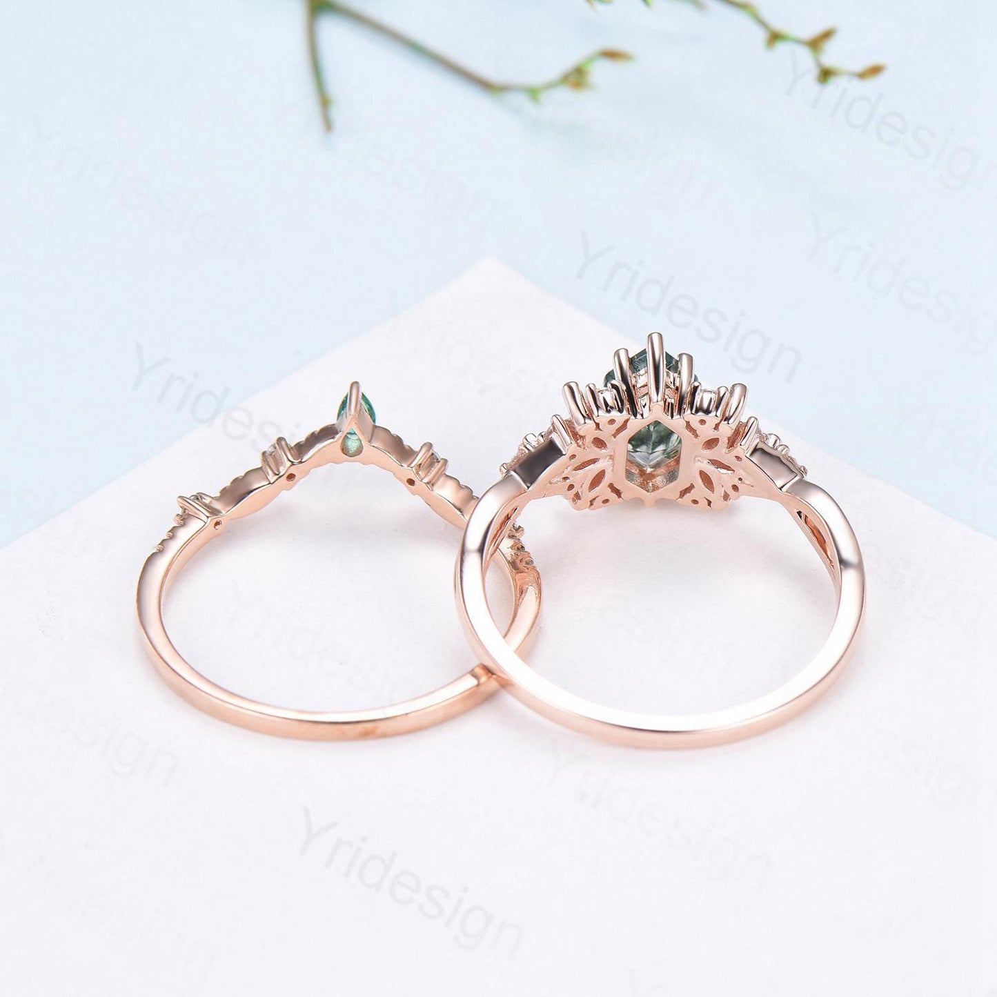 Vintage long hexagon white opal wedding ring set rose gold vintage opal engagement ring rose gold infinity split shank bridal set for women - PENFINE