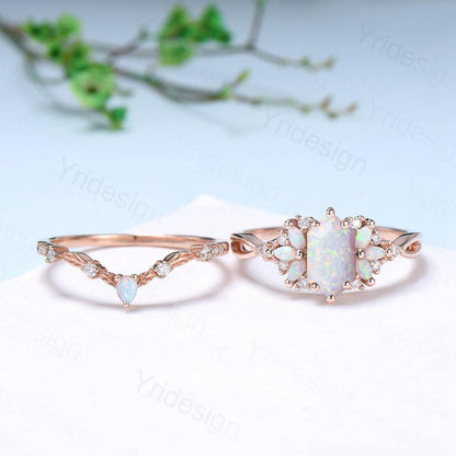 Vintage long hexagon white opal wedding ring set rose gold vintage opal engagement ring rose gold infinity split shank bridal set for women - PENFINE