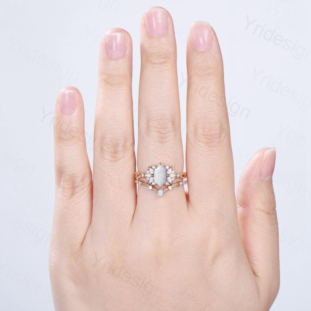 Vintage long hexagon white opal wedding ring set rose gold vintage opal engagement ring rose gold infinity split shank bridal set for women - PENFINE