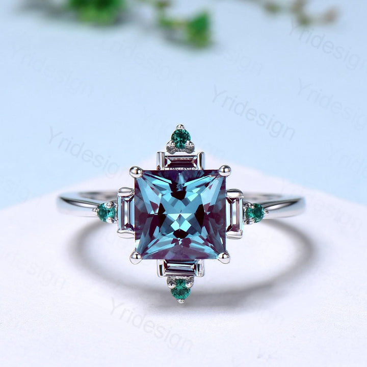 Unique 2 carat princess cut alexandrite ring halo baguette color change stone engagement ring-14k white gold art deco anniversary ring gift - PENFINE