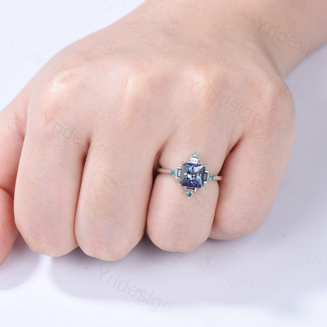 Unique 2 carat princess cut alexandrite ring halo baguette color change stone engagement ring-14k white gold art deco anniversary ring gift - PENFINE